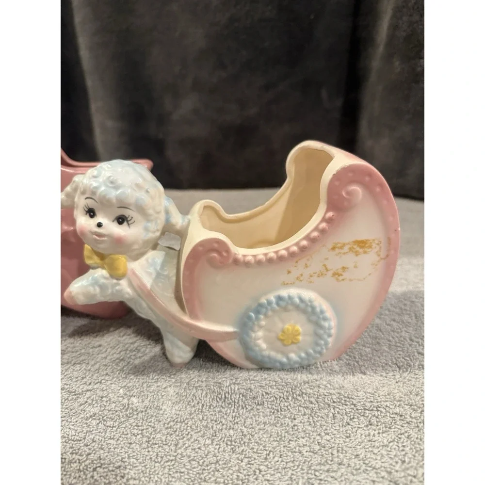 Vintage 1950s Abingdon Pottery Pink Star Vase / Planter & Lamb Baby Buggy Inarco